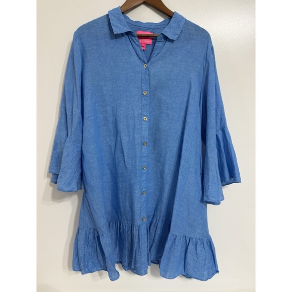 LILLY PULITZER Linley Button-Front Minidress Coverup 3/4 Bell Sleeves XL Linen - Picture 2 of 8